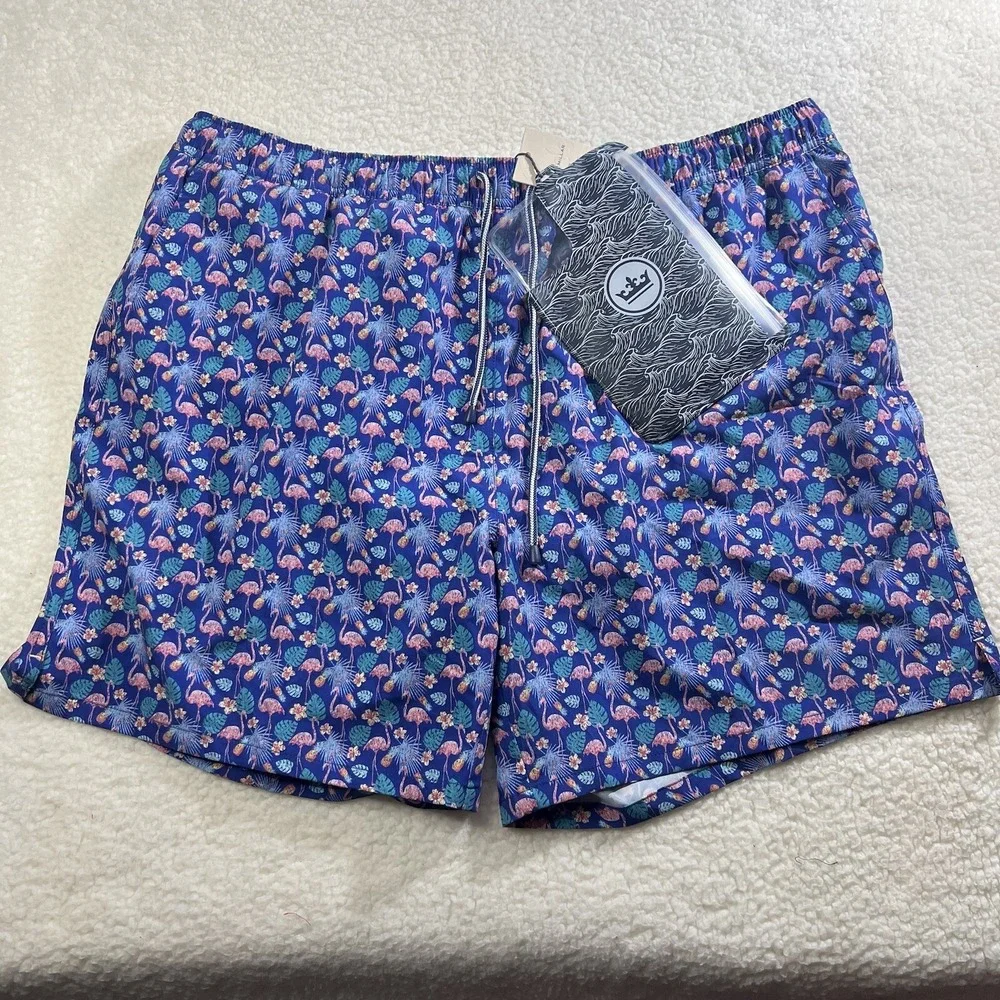 Peter Millar Tropical Flock Swim Trunks Mens‎ 2XL Blue Flamingo Stretch Pouch